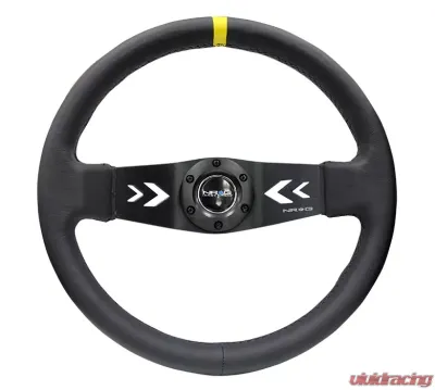 NRG Reinforced Sport Steering Wheel 350mm NRG Arrow cut out 2-Spoke Leather 3 Inch Deep Black Suede Yellow Center Marking - RST-022R-Y