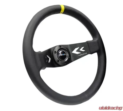 NRG Reinforced Sport Steering Wheel 350mm NRG Arrow cut out 2-Spoke Leather 3 Inch Deep Black Suede Yellow Center Marking - RST-022R-Y