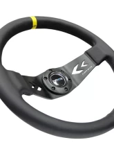 NRG Reinforced Sport Steering Wheel 350mm NRG Arrow cut out 2-Spoke Leather 3 Inch Deep Black Suede Yellow Center Marking                                     - RST-022R-Y - Image 3