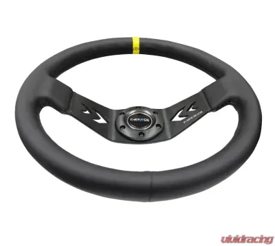 NRG Reinforced Sport Steering Wheel 350mm NRG Arrow cut out 2-Spoke Leather 3 Inch Deep Black Suede Yellow Center Marking - RST-022R-Y