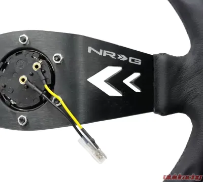NRG Reinforced Sport Steering Wheel 350mm NRG Arrow cut out 2-Spoke Leather 3 Inch Deep Black Suede Yellow Center Marking - RST-022R-Y