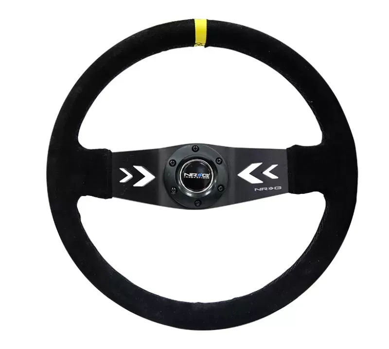 NRG Reinforced Sport Steering Wheel 350mm NRG Arrow cut out 2-Spoke Suede 3 Inch Deep Black Suede Yellow Center Marking - RST-022S-Y