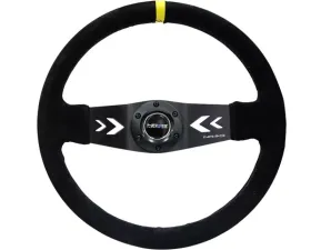 NRG Reinforced Sport Steering Wheel 350mm NRG Arrow cut out 2-Spoke Suede 3 Inch Deep Black Suede Yellow Center Marking