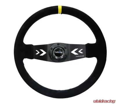 NRG Reinforced Sport Steering Wheel 350mm NRG Arrow cut out 2-Spoke Suede 3 Inch Deep Black Suede Yellow Center Marking - RST-022S-Y