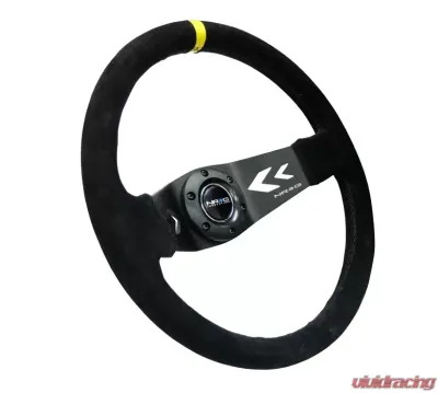 NRG Reinforced Sport Steering Wheel 350mm NRG Arrow cut out 2-Spoke Suede 3 Inch Deep Black Suede Yellow Center Marking - RST-022S-Y