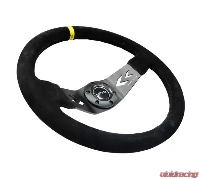 NRG Reinforced Sport Steering Wheel 350mm NRG Arrow cut out 2-Spoke Suede 3 Inch Deep Black Suede Yellow Center Marking - RST-022S-Y