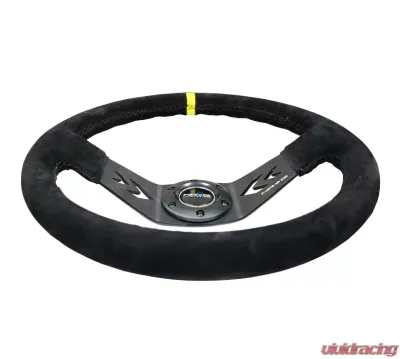 NRG Reinforced Sport Steering Wheel 350mm NRG Arrow cut out 2-Spoke Suede 3 Inch Deep Black Suede Yellow Center Marking - RST-022S-Y
