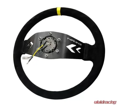 NRG Reinforced Sport Steering Wheel 350mm NRG Arrow cut out 2-Spoke Suede 3 Inch Deep Black Suede Yellow Center Marking - RST-022S-Y