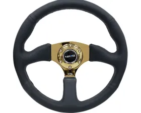 NRG Reinforced Steering Wheel 350mm Sport Leather Racing 2.5 Inch Deep Comfort Grip 4mm metal gold spoke