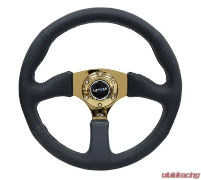 NRG Reinforced Steering Wheel 350mm Sport Leather Racing 2.5 Inch Deep Comfort Grip 4mm metal gold spoke - RST-023GD-R