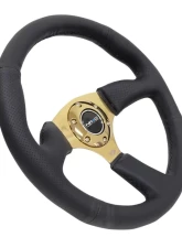 NRG Reinforced Steering Wheel 350mm Sport Leather Racing 2.5 Inch Deep Comfort Grip 4mm metal gold spoke                                     - RST-023GD-R - Image 2