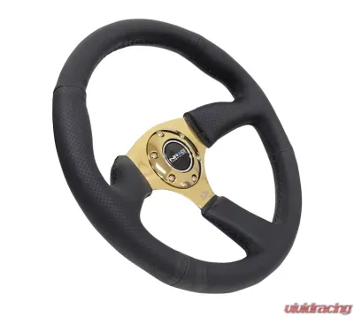 NRG Reinforced Steering Wheel 350mm Sport Leather Racing 2.5 Inch Deep Comfort Grip 4mm metal gold spoke - RST-023GD-R