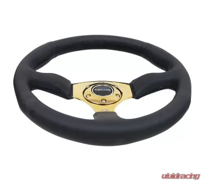 NRG Reinforced Steering Wheel 350mm Sport Leather Racing 2.5 Inch Deep Comfort Grip 4mm metal gold spoke - RST-023GD-R