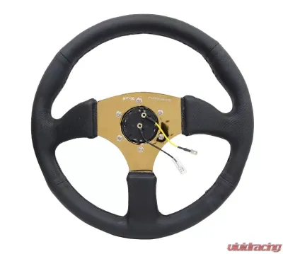 NRG Reinforced Steering Wheel 350mm Sport Leather Racing 2.5 Inch Deep Comfort Grip 4mm metal gold spoke - RST-023GD-R