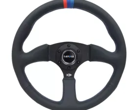 NRG Reinforced Steering Wheel 350mm Sport Leather Racing 2.5 Inch Deep Comfort Grip 4mm matte black spoke with m3 stitching and line