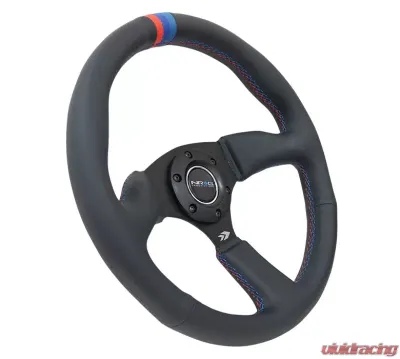 NRG Reinforced Steering Wheel 350mm Sport Leather Racing 2.5 Inch Deep Comfort Grip 4mm matte black spoke with m3 stitching and line - RST-023MB-R-M3
