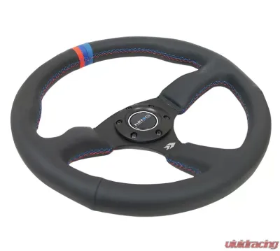 NRG Reinforced Steering Wheel 350mm Sport Leather Racing 2.5 Inch Deep Comfort Grip 4mm matte black spoke with m3 stitching and line - RST-023MB-R-M3