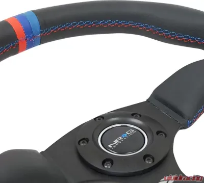 NRG Reinforced Steering Wheel 350mm Sport Leather Racing 2.5 Inch Deep Comfort Grip 4mm matte black spoke with m3 stitching and line - RST-023MB-R-M3