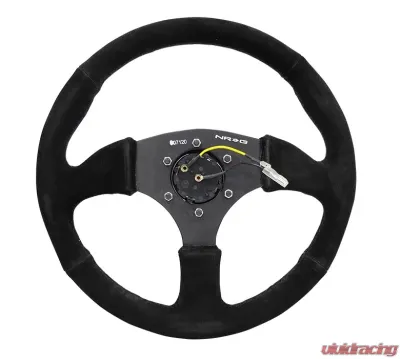 NRG Reinforced Steering Wheel 350mm Sport Suede Racing 2.5 Inch Deep Comfort Grip, 5mm thick matte black spoke - RST-023MB-S