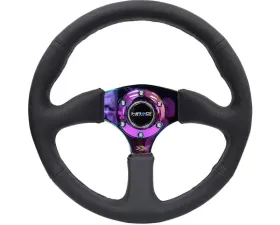 NRG Reinforced Steering Wheel 350mm Sport Leather Racing 2.5 Inch Deep Comfort Grip 4mm metal neochrome spoke