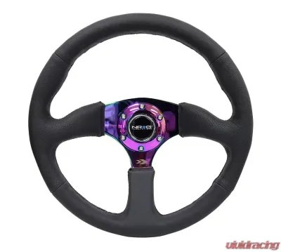NRG Reinforced Steering Wheel 350mm Sport Leather Racing 2.5 Inch Deep Comfort Grip 4mm metal neochrome spoke - RST-023MC-R