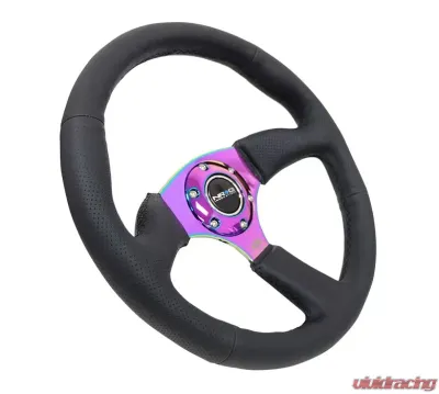 NRG Reinforced Steering Wheel 350mm Sport Leather Racing 2.5 Inch Deep Comfort Grip 4mm metal neochrome spoke - RST-023MC-R