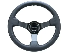 NRG Reinforced Steering Wheel 330mm Sport Leather Racing 3 Inch Deep Comfort Grip 4mm matte black spoke with criss cross stitching