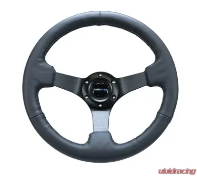 NRG Reinforced Steering Wheel 330mm Sport Leather Racing 3 Inch Deep Comfort Grip 4mm matte black spoke with criss cross stitching - RST-033BK-R