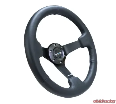 NRG Reinforced Steering Wheel 330mm Sport Leather Racing 3 Inch Deep Comfort Grip 4mm matte black spoke with criss cross stitching - RST-033BK-R