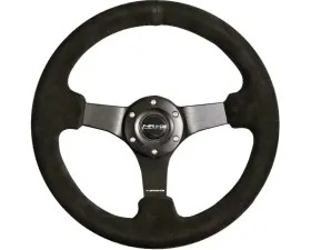 NRG Reinforced Steering Wheel 330mm Sport Suede Racing 3 Inch Deep Comfort Grip 4mm matte black spoke with criss cross stitching