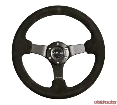 NRG Reinforced Steering Wheel 330mm Sport Suede Racing 3 Inch Deep Comfort Grip 4mm matte black spoke with criss cross stitching - RST-033BK-S