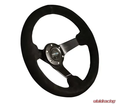 NRG Reinforced Steering Wheel 330mm Sport Suede Racing 3 Inch Deep Comfort Grip 4mm matte black spoke with criss cross stitching - RST-033BK-S