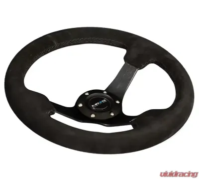 NRG Reinforced Steering Wheel 330mm Sport Suede Racing 3 Inch Deep Comfort Grip 4mm matte black spoke with criss cross stitching - RST-033BK-S