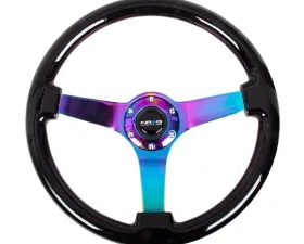 NRG Reinforced Steering Wheel 350mm Classic Black wood Grain Wheel 3 Inch Deep 3-Spoke Center Neochrome