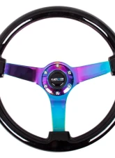 NRG Reinforced Steering Wheel 350mm Classic Black wood Grain Wheel 3 Inch Deep 3-Spoke Center Neochrome                                     - RST-036BK-MC - Image 3