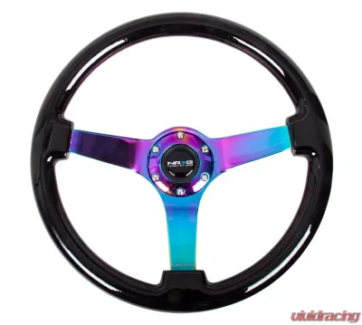 NRG Reinforced Steering Wheel 350mm Classic Black wood Grain Wheel 3 Inch Deep 3-Spoke Center Neochrome - RST-036BK-MC