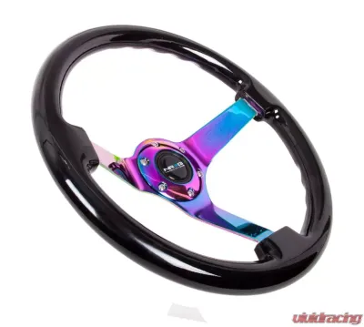 NRG Reinforced Steering Wheel 350mm Classic Black wood Grain Wheel 3 Inch Deep 3-Spoke Center Neochrome - RST-036BK-MC
