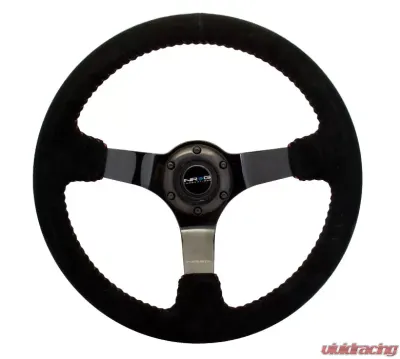 NRG Reinforced Sport Steering Wheel 350mm 3 Inch Deep black Suede with red Baseball Stitching Black Spoke - RST-036BK-S