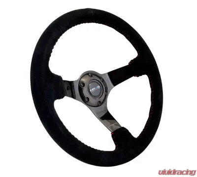 NRG Reinforced Sport Steering Wheel 350mm 3 Inch Deep black Suede with red Baseball Stitching Black Spoke - RST-036BK-S