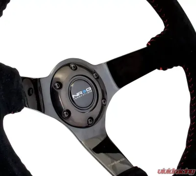 NRG Reinforced Sport Steering Wheel 350mm 3 Inch Deep black Suede with red Baseball Stitching Black Spoke - RST-036BK-S