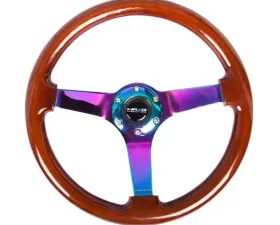 NRG Reinforced Steering Wheel 350mm Classic Dark Wood Grain Wheel 3 Inch Deep 4mm3-Spoke Center Neochrome