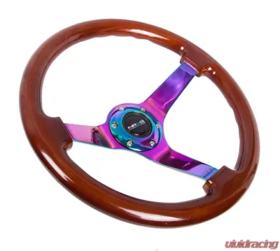 NRG Reinforced Steering Wheel 350mm Classic Dark Wood Grain Wheel 3 Inch Deep 4mm3-Spoke Center Neochrome - RST-036BR-MC