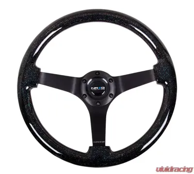 NRG Reinforced Steering Wheel 350mm Classic Black Sparkled Wood Grain Wheel 3 Inch Deep 4mm3-Spoke Center Black - RST-036BSB-BK