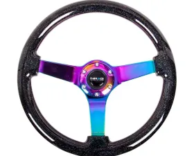 NRG Reinforced Steering Wheel 350mm Classic Black Sparkled Wood Grain Wheel 3 Inch Deep 4mm3-Spoke Center Neochrome
