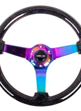 NRG Reinforced Steering Wheel 350mm Classic Black Sparkled Wood Grain Wheel 3 Inch Deep 4mm3-Spoke Center Neochrome                                     - RST-036BSB-MC - Image 3