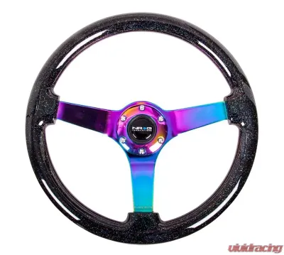 NRG Reinforced Steering Wheel 350mm Classic Black Sparkled Wood Grain Wheel 3 Inch Deep 4mm3-Spoke Center Neochrome - RST-036BSB-MC