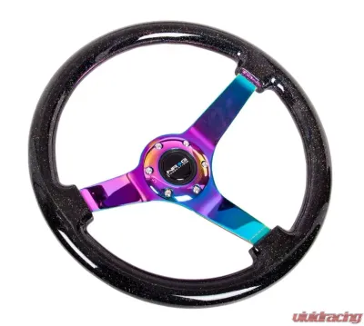 NRG Reinforced Steering Wheel 350mm Classic Black Sparkled Wood Grain Wheel 3 Inch Deep 4mm3-Spoke Center Neochrome - RST-036BSB-MC