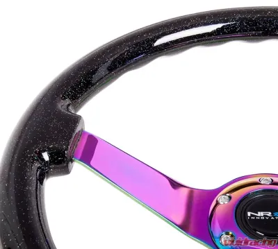 NRG Reinforced Steering Wheel 350mm Classic Black Sparkled Wood Grain Wheel 3 Inch Deep 4mm3-Spoke Center Neochrome - RST-036BSB-MC