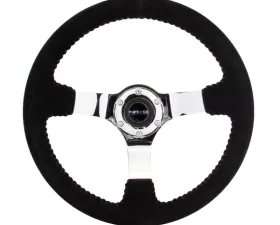 NRG Reinforced Sport Steering Wheel 350mm 3 Inch Deep black Suede with red Baseball Stitching Chrome Spoke