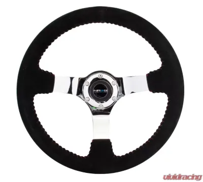 NRG Reinforced Sport Steering Wheel 350mm 3 Inch Deep black Suede with red Baseball Stitching Chrome Spoke - RST-036CH-S